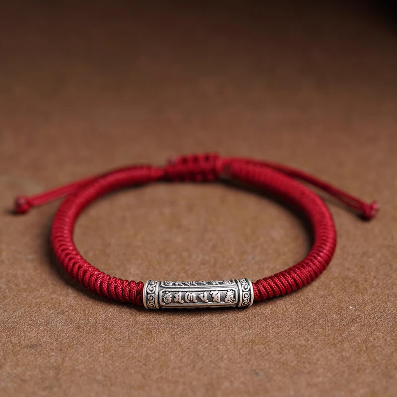 Buddha Stones Handmade 999 Sterling Silver Peace and Good Fortune Om Mani Padme Hum Luck Rope Bracelet