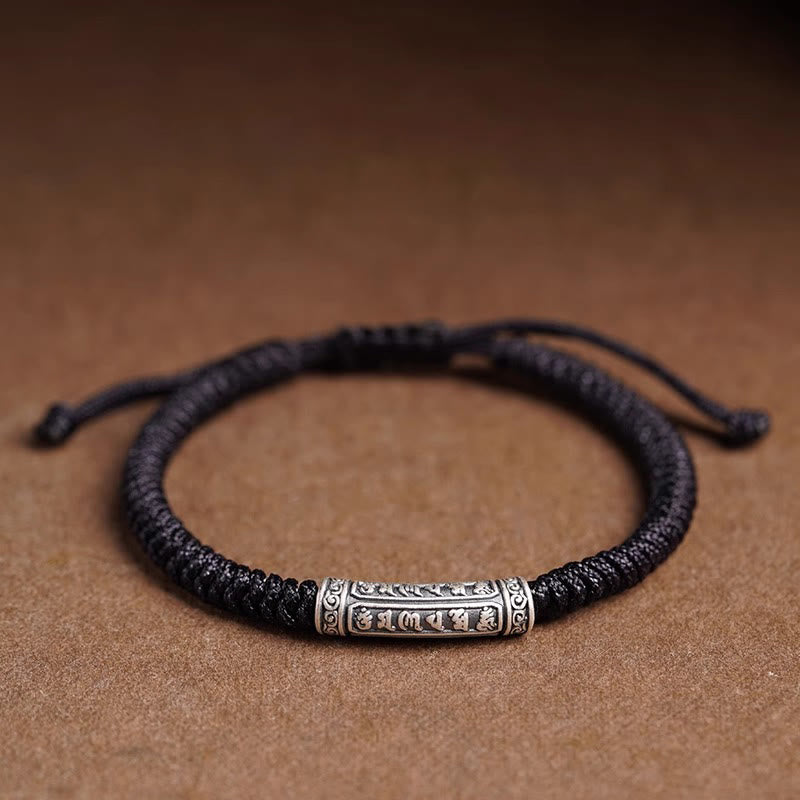 Buddha Stones Handmade 999 Sterling Silver Peace and Good Fortune Om Mani Padme Hum Luck Rope Bracelet