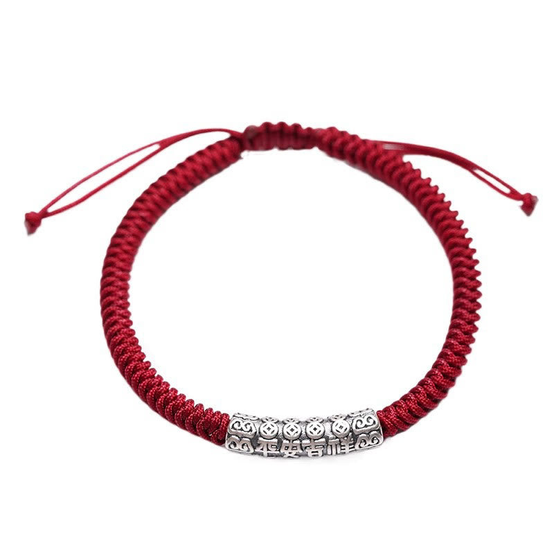 Buddha Stones Handmade 999 Sterling Silver Peace and Good Fortune Om Mani Padme Hum Luck Rope Bracelet