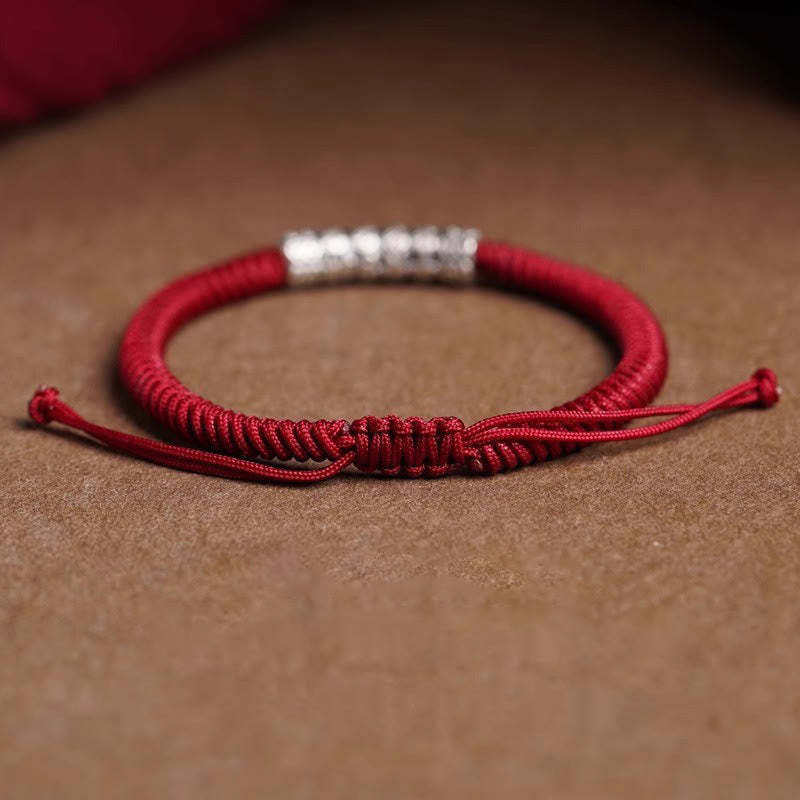Buddha Stones Handmade 999 Sterling Silver Peace and Good Fortune Om Mani Padme Hum Luck Rope Bracelet