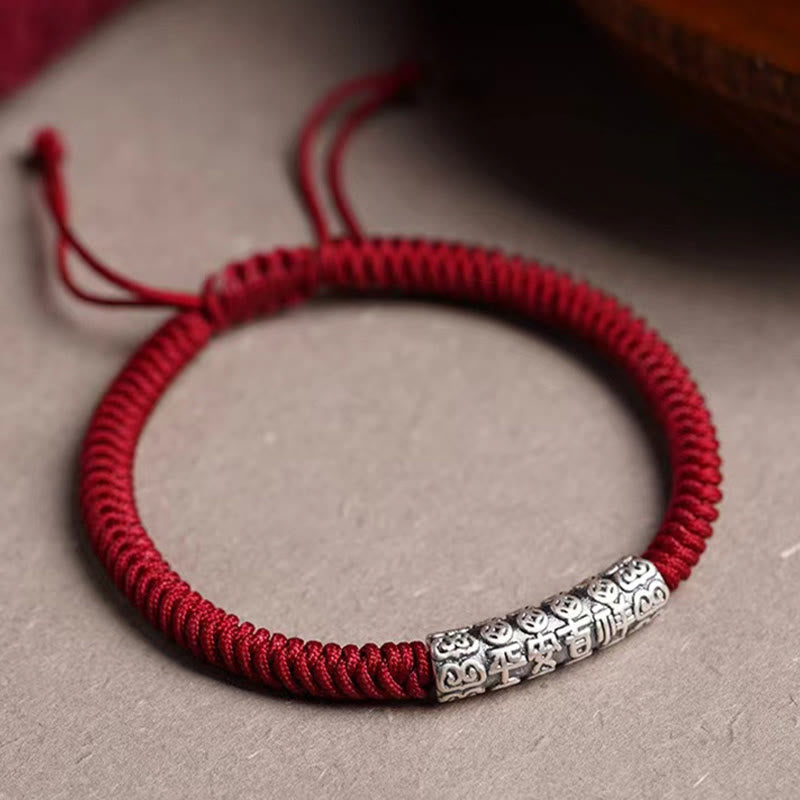 Buddha Stones Handmade 999 Sterling Silver Peace and Good Fortune Om Mani Padme Hum Luck Rope Bracelet