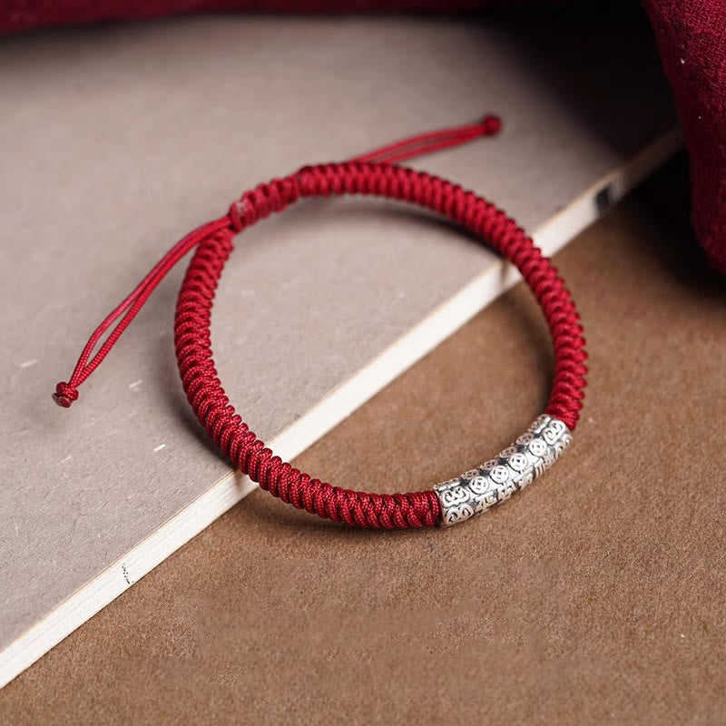 Buddha Stones Handmade 999 Sterling Silver Peace and Good Fortune Om Mani Padme Hum Luck Rope Bracelet