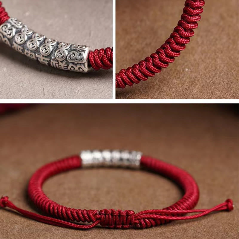 Buddha Stones Handmade 999 Sterling Silver Peace and Good Fortune Om Mani Padme Hum Luck Rope Bracelet