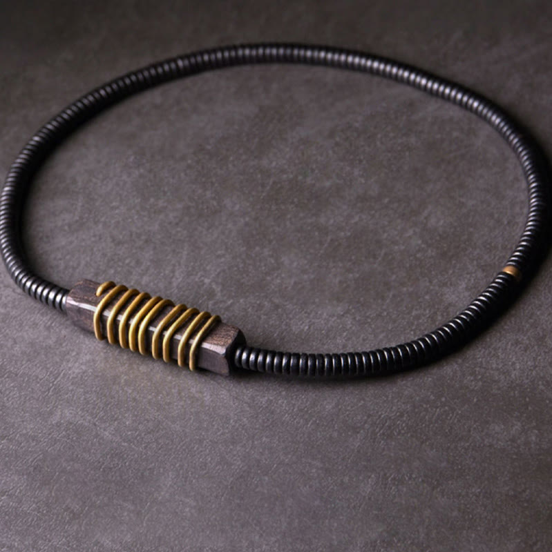 Bracelet et collier à double tour en pierres de Bouddha, bois d'ébène, cuivre et laiton, boule d'équilibre cuboïde