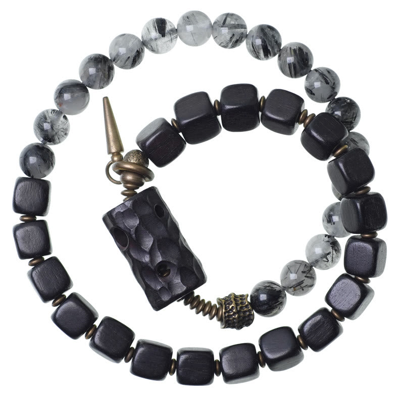 Bracelet d'équilibre double tour en bois d'ébène, quartz rutile noir, cuivre et laiton