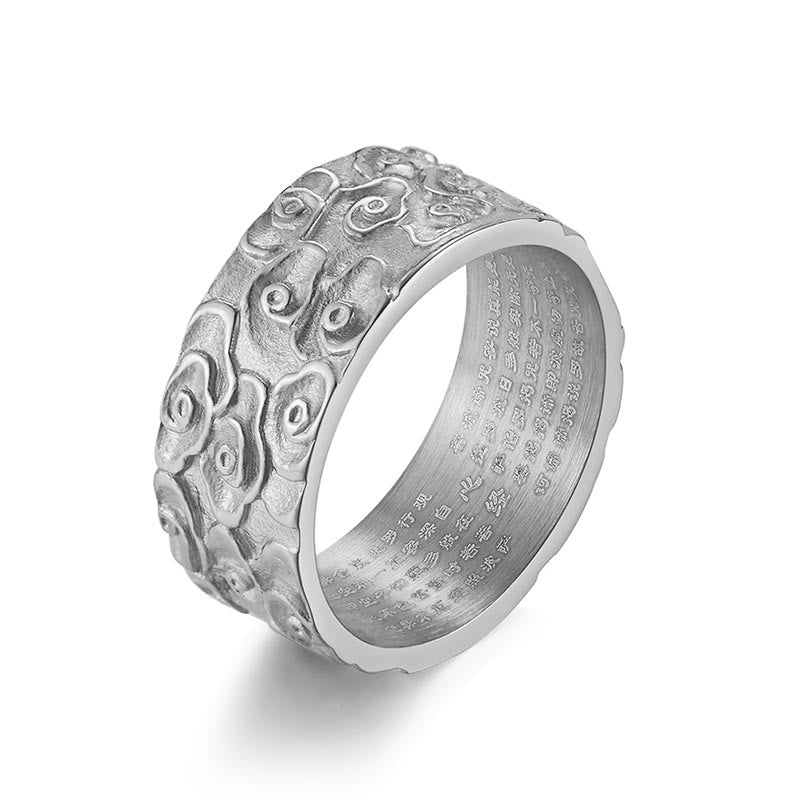 Bague calme en acier titane avec pierres de Bouddha et nuages de bon augure gravés, motif Sutra du cœur