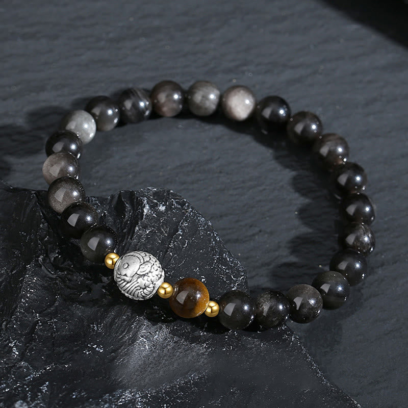 Bracelet de purification en obsidienne noire, argent sterling 999, œil de tigre et poisson koï en argent sterling 925