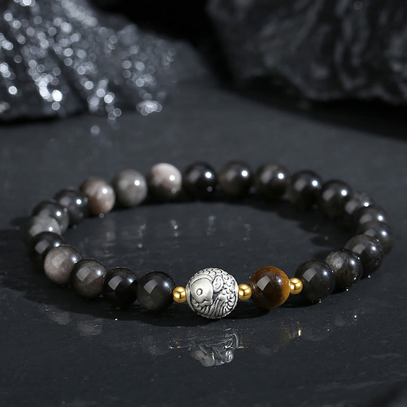 Bracelet de purification en obsidienne noire, argent sterling 999, œil de tigre et poisson koï en argent sterling 925