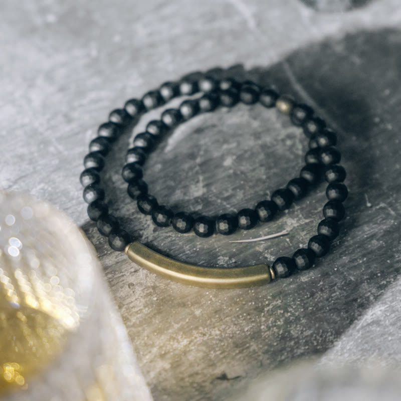 Bracelet de protection double tour en onyx noir, cuivre et laiton, pierres de Bouddha, surface givrée