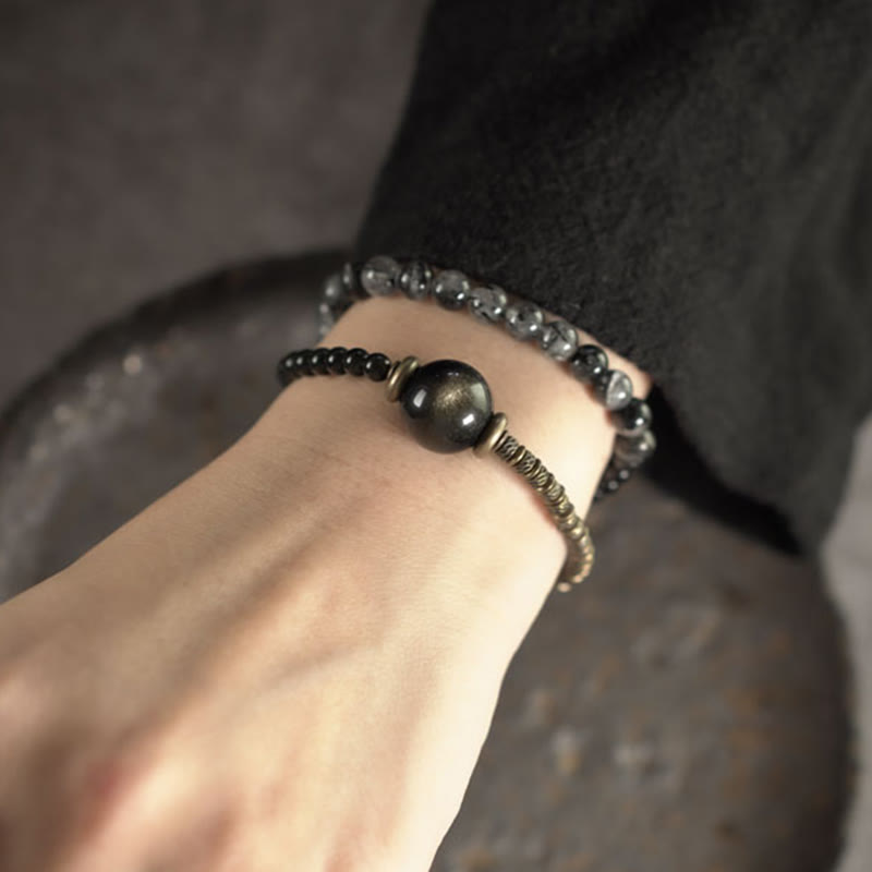 Bracelet de protection double tour en cuivre et laiton, pierres de Bouddha, obsidienne dorée et brillante, quartz rutile noir
