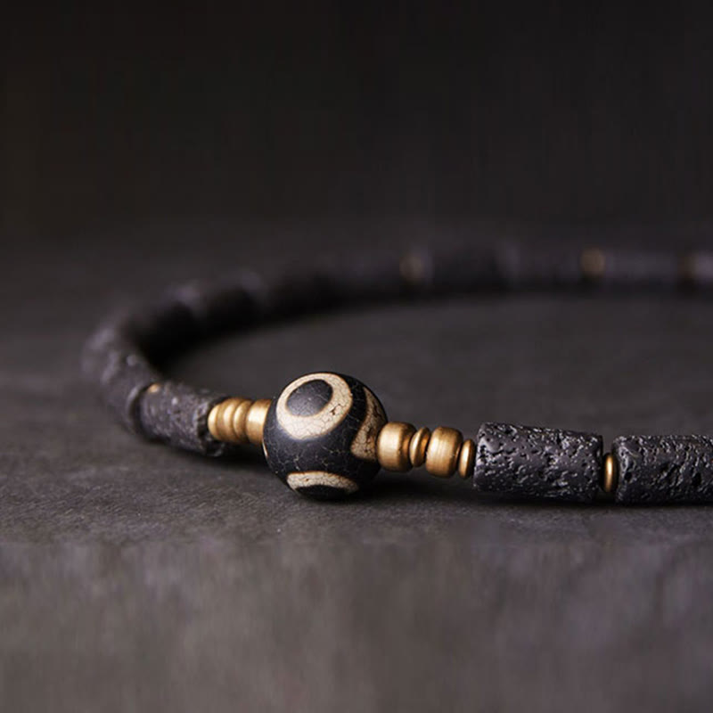 Bracelet multi-tours en cuivre et laiton avec perles dzi à trois yeux en pierre de lave vintage de Bouddha