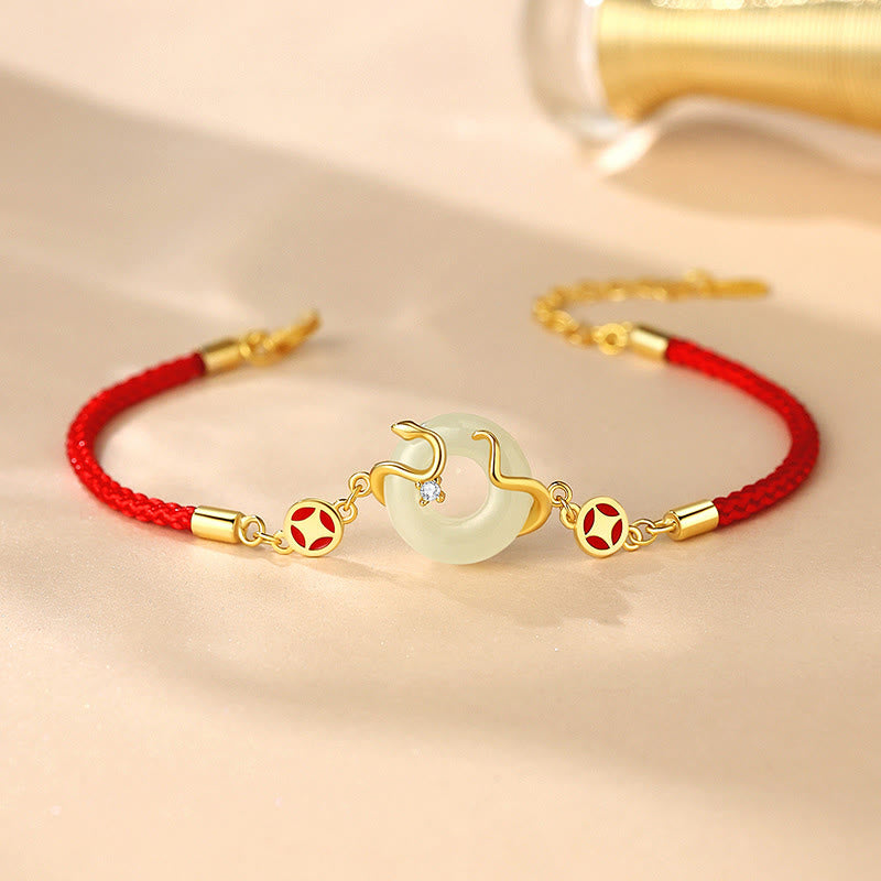 Bracelet de prospérité en argent sterling 925 avec pierre de Bouddha, jade Hetian, calcédoine, boucle de paix, année du serpent, fil rouge