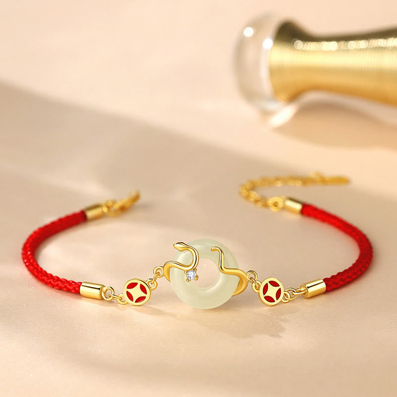 Bracelet de prospérité en argent sterling 925 avec pierre de Bouddha, jade Hetian, calcédoine, boucle de paix, année du serpent, fil rouge
