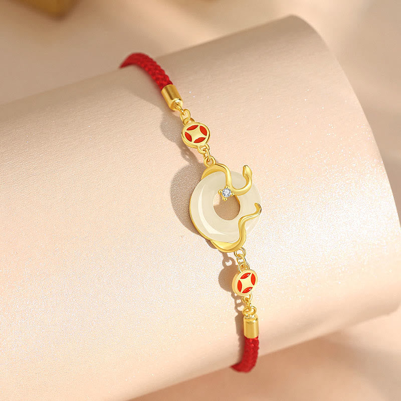 Bracelet de prospérité en argent sterling 925 avec pierre de Bouddha, jade Hetian, calcédoine, boucle de paix, année du serpent, fil rouge