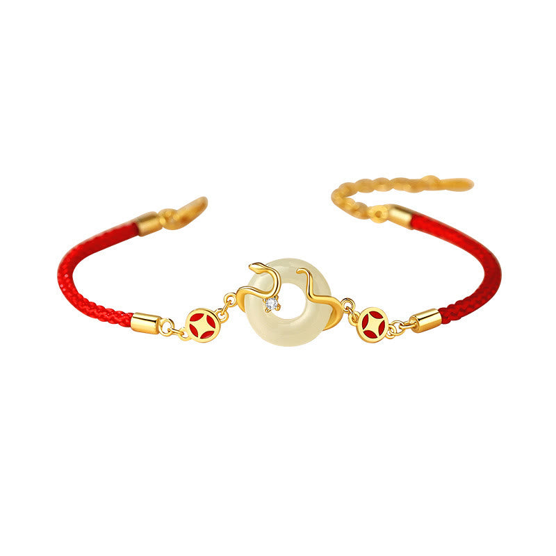 Bracelet de prospérité en argent sterling 925 avec pierre de Bouddha, jade Hetian, calcédoine, boucle de paix, année du serpent, fil rouge