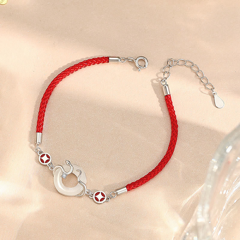 Bracelet de prospérité en argent sterling 925 avec pierre de Bouddha, jade Hetian, calcédoine, boucle de paix, année du serpent, fil rouge