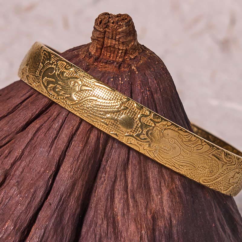 Buddha-Steine, Drache und Phönix spielen mit einer Perle, geschnitztes Kupfer-Messing-Armband, Glücksschutz