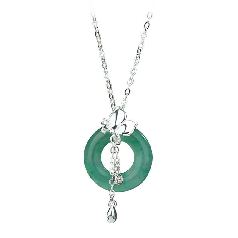 Buddha Stones 925 Sterling Silver Jade Butterfly Peace Buckle Prosperity Necklace Pendant