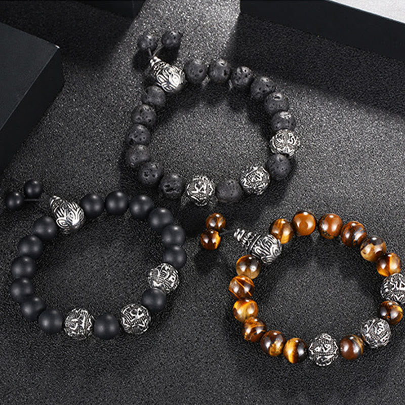 Bracelet de protection Om Mani Padme Hum en pierres de Bouddha, œil de tigre naturel, pierre de lave, obsidienne noire, acier titane, six mots vrais