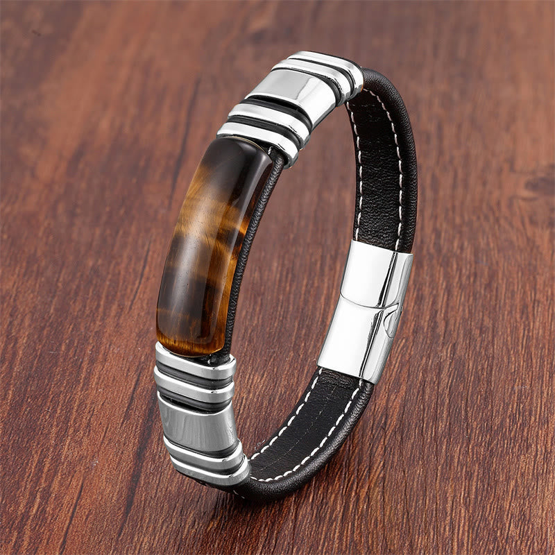 Bracelet en cuir avec boucle en pierre œil de tigre et pierres de Bouddha