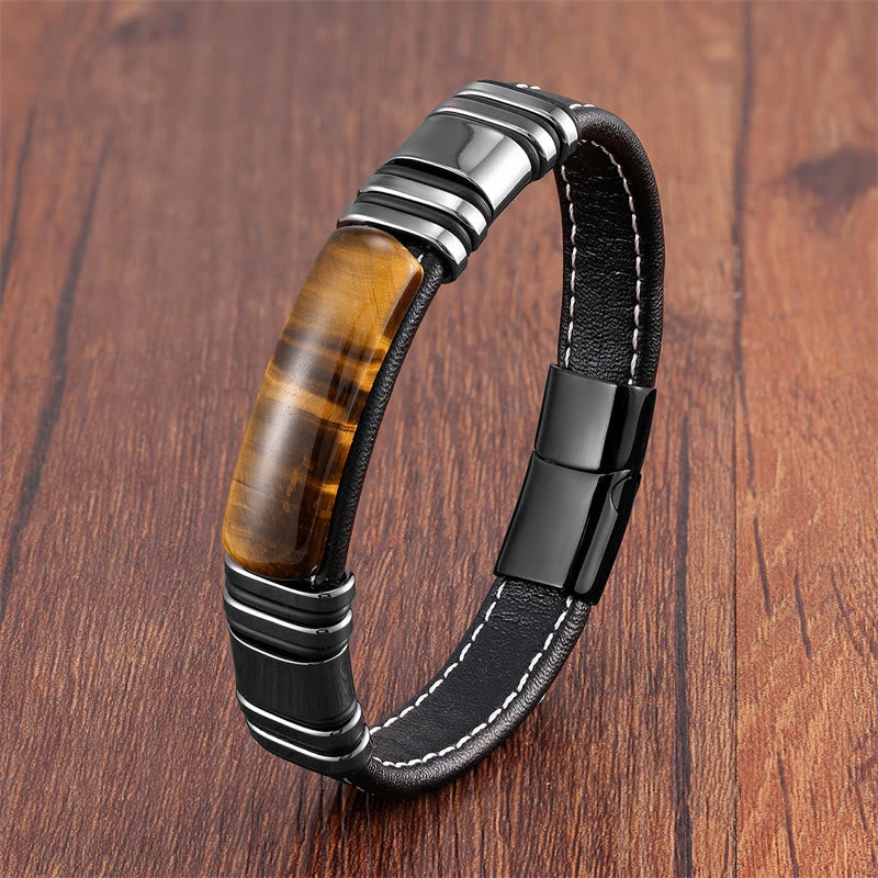 Bracelet en cuir avec boucle en pierre œil de tigre et pierres de Bouddha