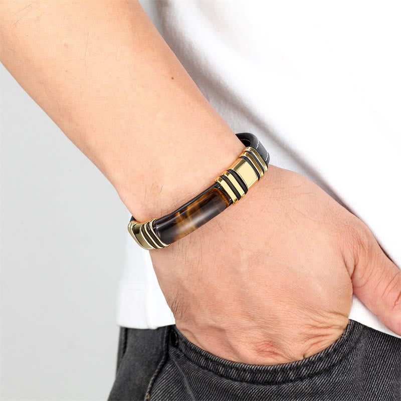 Bracelet en cuir avec boucle en pierre œil de tigre et pierres de Bouddha