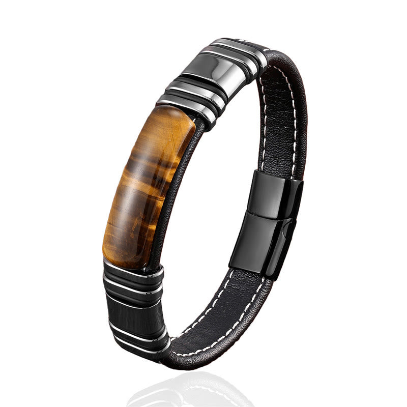 Bracelet en cuir avec boucle en pierre œil de tigre et pierres de Bouddha