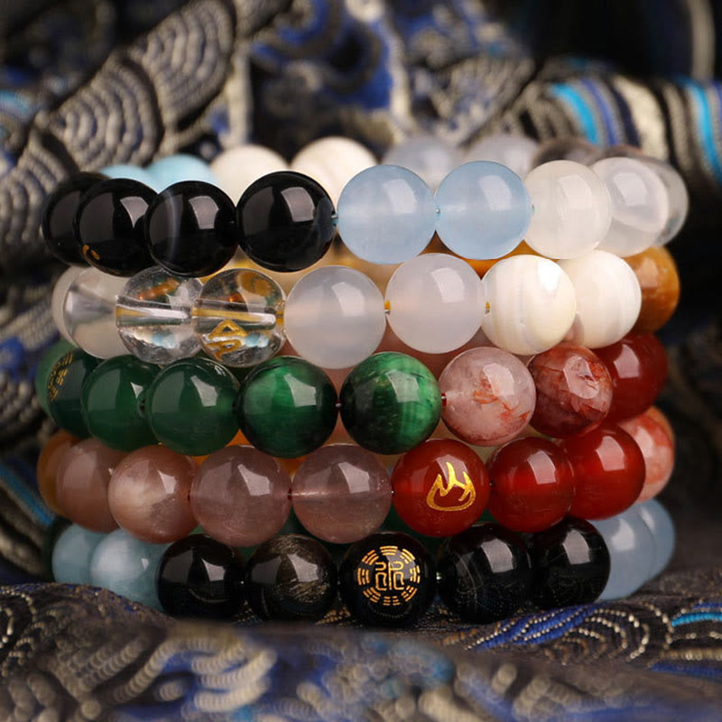 Bracelet de sagesse en pierres de Bouddha, cinq éléments, divers cristaux d'agate, onyx noir, calcédoine verte, aigue-marine