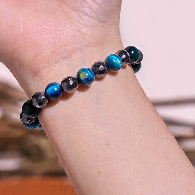 Ensemble de 2 bracelets puissants en hématite et œil de tigre bleu