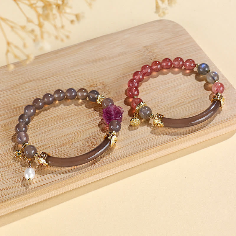 Bracelet manchette demi-jonc en perles de quartz fraise, labradorite et fluorite de Bouddha Stones