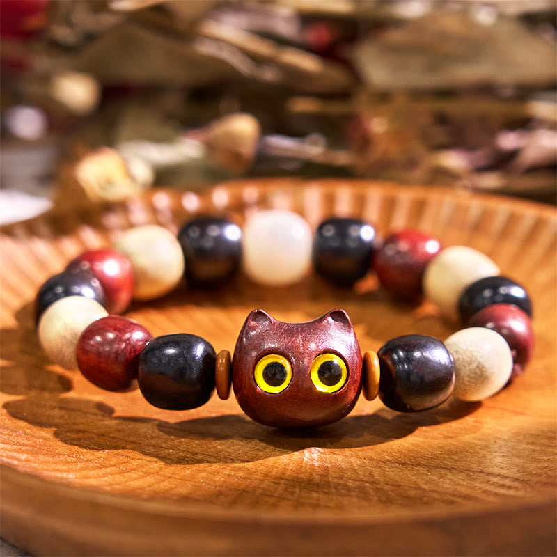Buddha Stones Small Leaf Red Sandalwood Ebony Wood Cute Cat Engraved Protection Bracelet