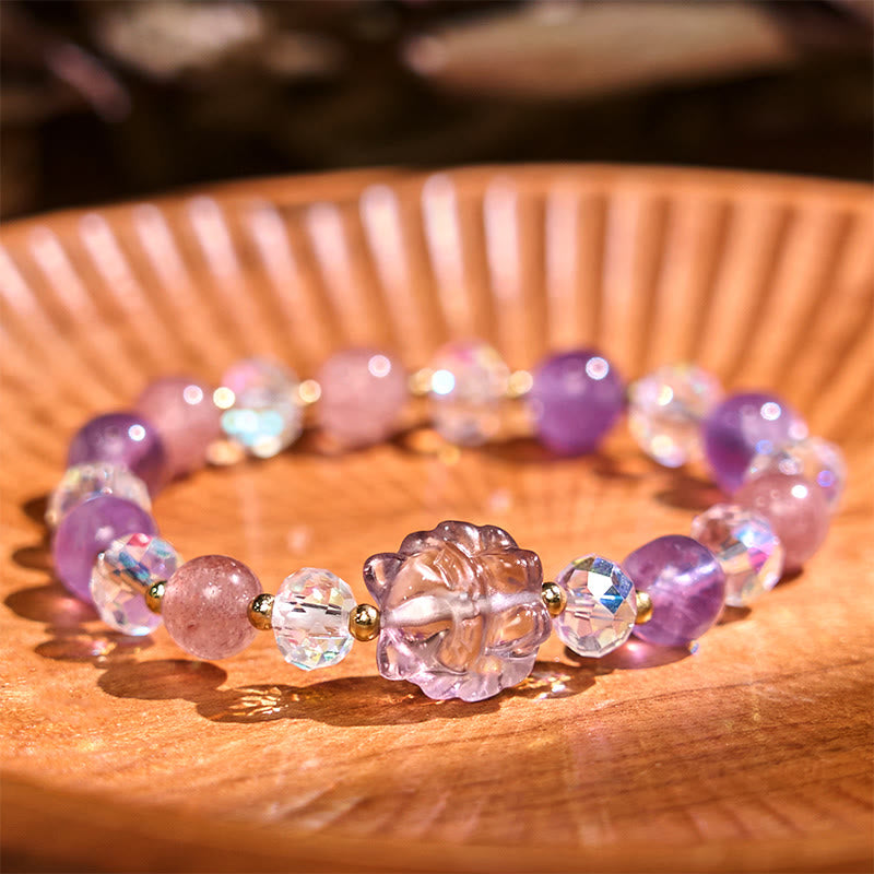 Buddha Stones Amethyst Strawberry Quartz White Crystal Nine-tailed Fox Meditation Bracelet