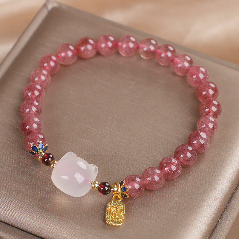Bracelet de guérison en jade blanc et quartz fraise avec pierres de Bouddha et personnage de chat Fu