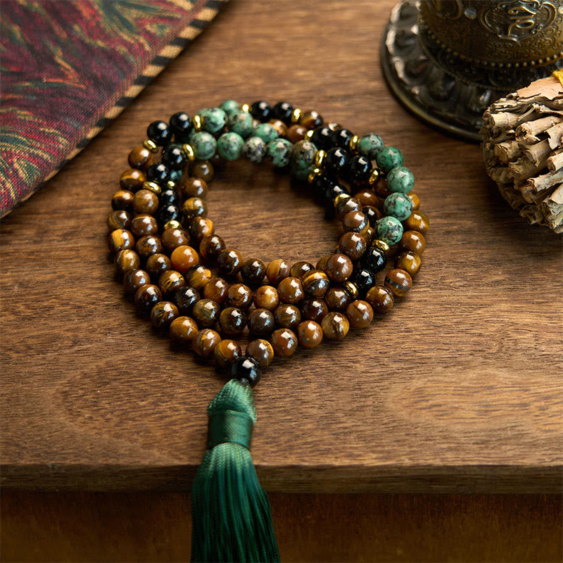 Bracelet de protection à pampilles en pierres naturelles œil de tigre turquoise et 108 perles Mala