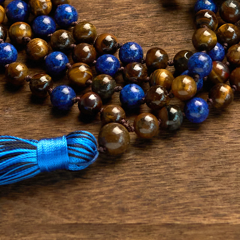 Bracelet Mala de protection à pompon en pierre naturelle œil de tigre et lazurite, 108 perles