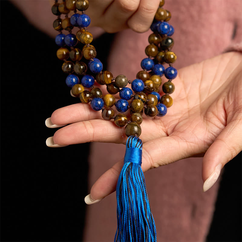 Bracelet Mala de protection à pompon en pierre naturelle œil de tigre et lazurite, 108 perles