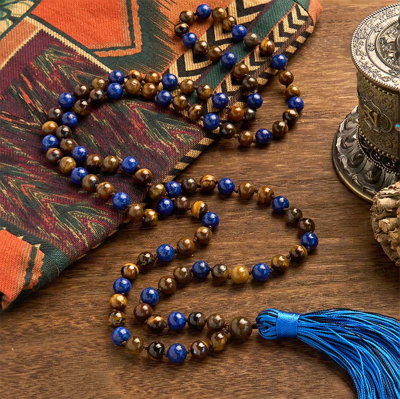 Bracelet Mala de protection à pompon en pierre naturelle œil de tigre et lazurite, 108 perles