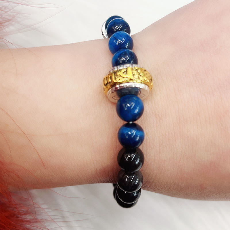 Bracelet de protection Om Mani Padme Hum en obsidienne bleue et œil de tigre argenté et brillant
