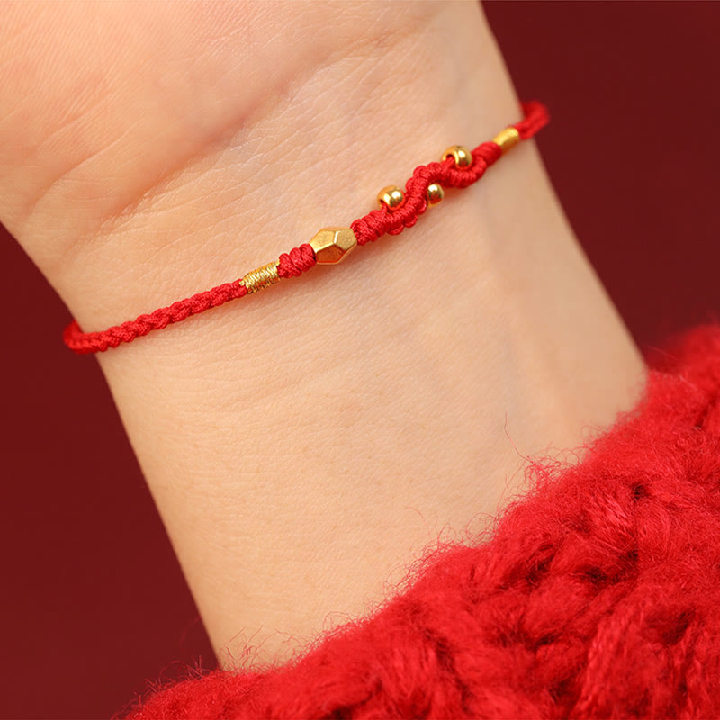 Buddha Stones 999 Gold Year of the Snake Mini Gold Bead Handmade Luck Protection Braided Bracelet