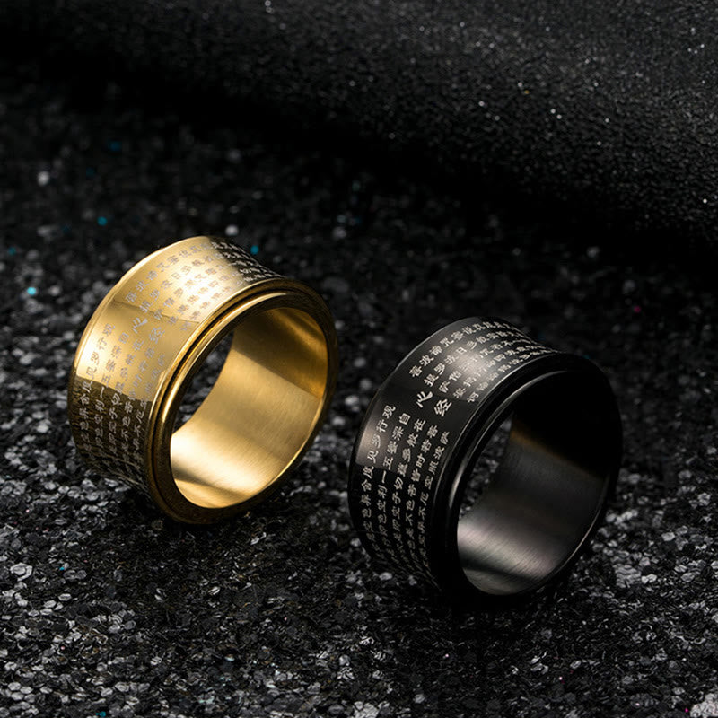 Bague d'équilibre rotative en acier titane avec pierres de Bouddha et écritures miniatures tibétaines, Sutra du cœur