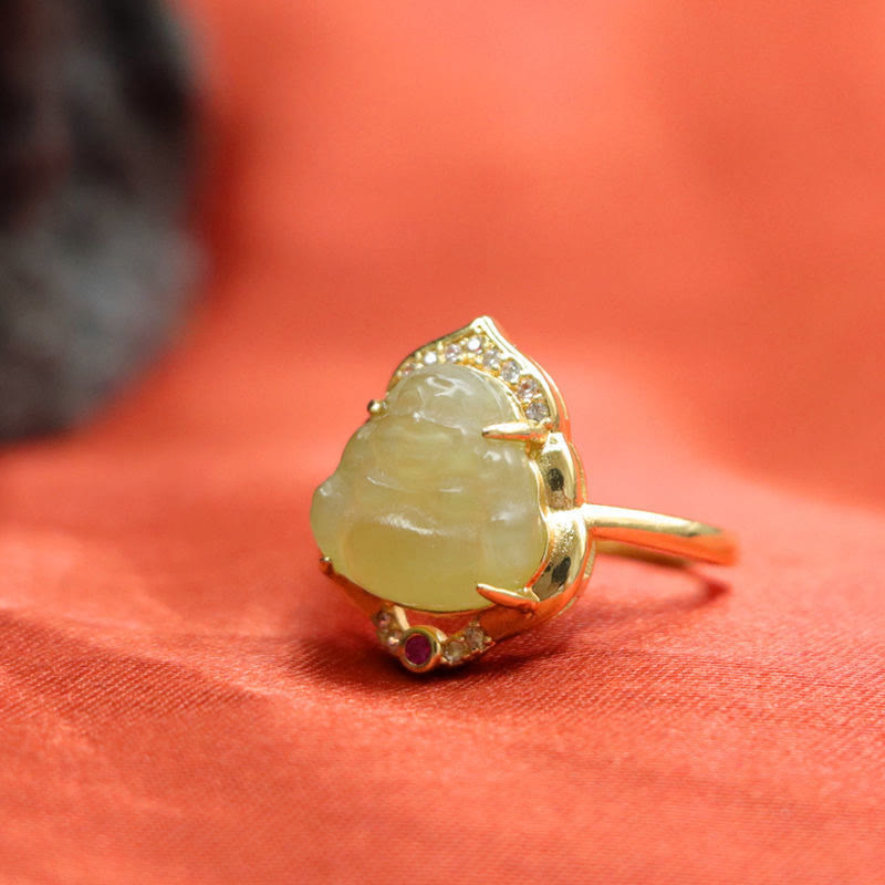 Bague porte-bonheur ouverte en cuivre avec gourde en jade naturel Hetian et Bouddha rieur