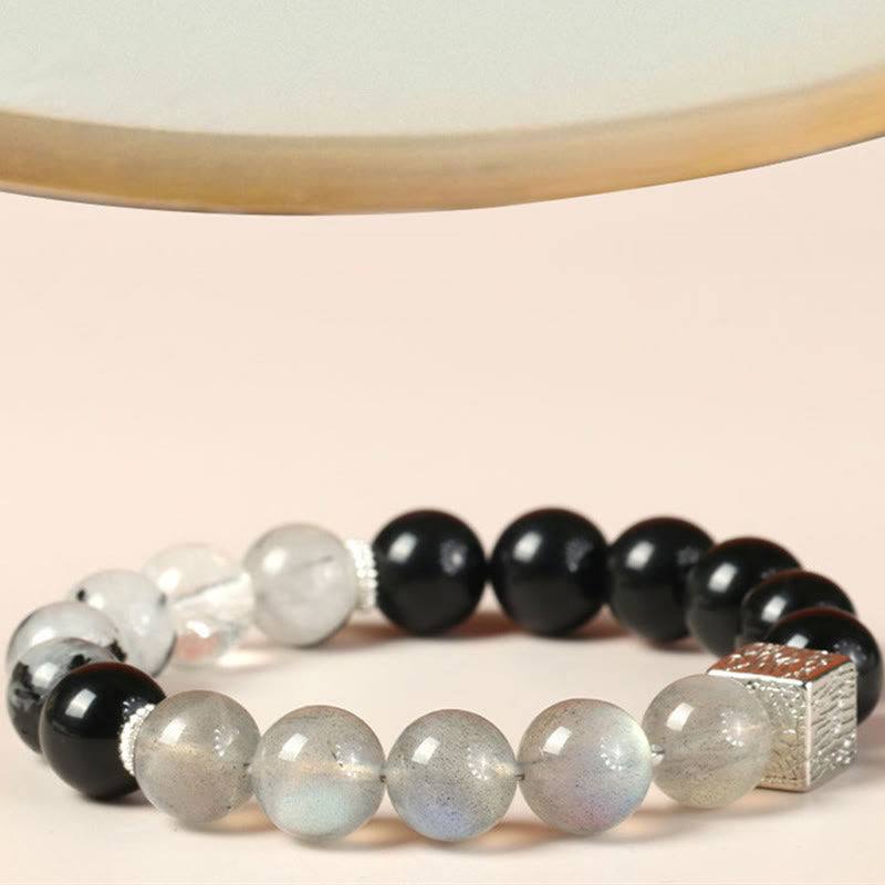 Bracelet de force en obsidienne noire, quartz rutile noir et pierre de lune cubique