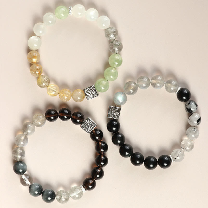 Bracelet de force en obsidienne noire, quartz rutile noir et pierre de lune cubique