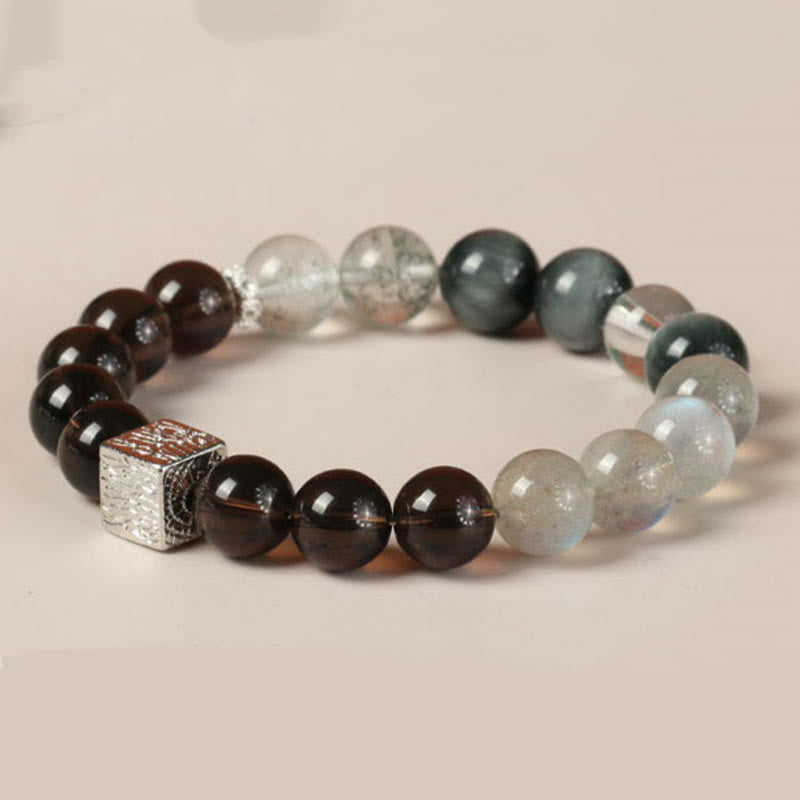 Bracelet de force en obsidienne noire, quartz rutile noir et pierre de lune cubique