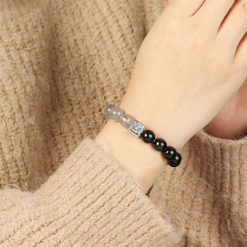 Bracelet de force en obsidienne noire, quartz rutile noir et pierre de lune cubique