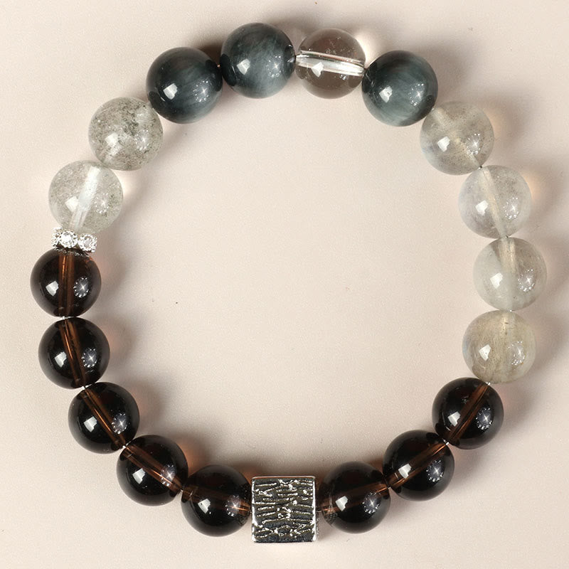 Bracelet de force en obsidienne noire, quartz rutile noir et pierre de lune cubique