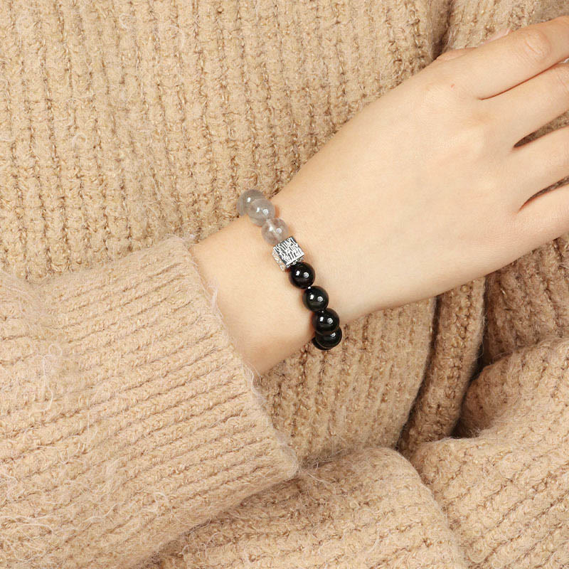 Bracelet de force en obsidienne noire, quartz rutile noir et pierre de lune cubique