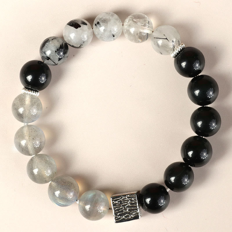 Bracelet de force en obsidienne noire, quartz rutile noir et pierre de lune cubique