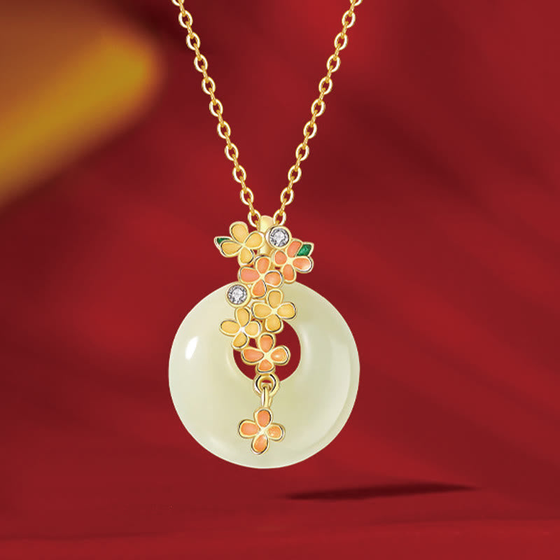 Buddha Stones 925 Sterling Silber Natürliche Hetian Jade Osmanthus Blumen Friedensschnalle Zirkon Glücksarmband Halskette Anhänger