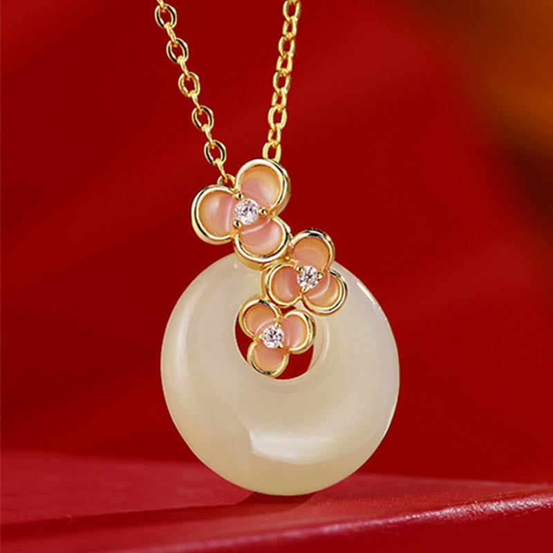 Bracelet porte-bonheur en argent sterling 925 avec pendentif en jade Hetian naturel et fleur de pêcher, boucle de paix en zircon